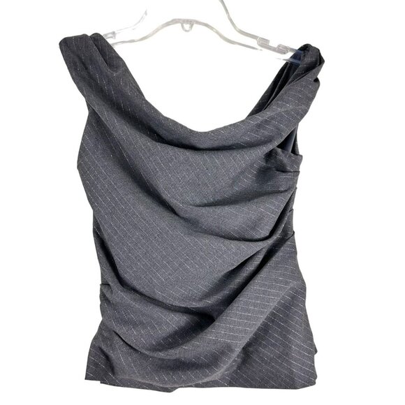 ZARA Grey Silver Pleated Off the Shoulder Pinstripe Crop Top Small - Picture 4 of 14